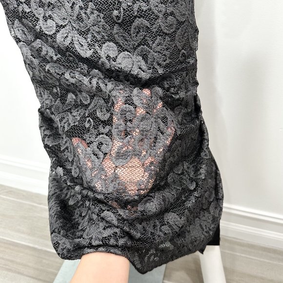 Belle Badgley Mischka Lace Overlay Back Slit Shimmer Maxi Dress Gown Black Sz 4 - Picture 14 of 16